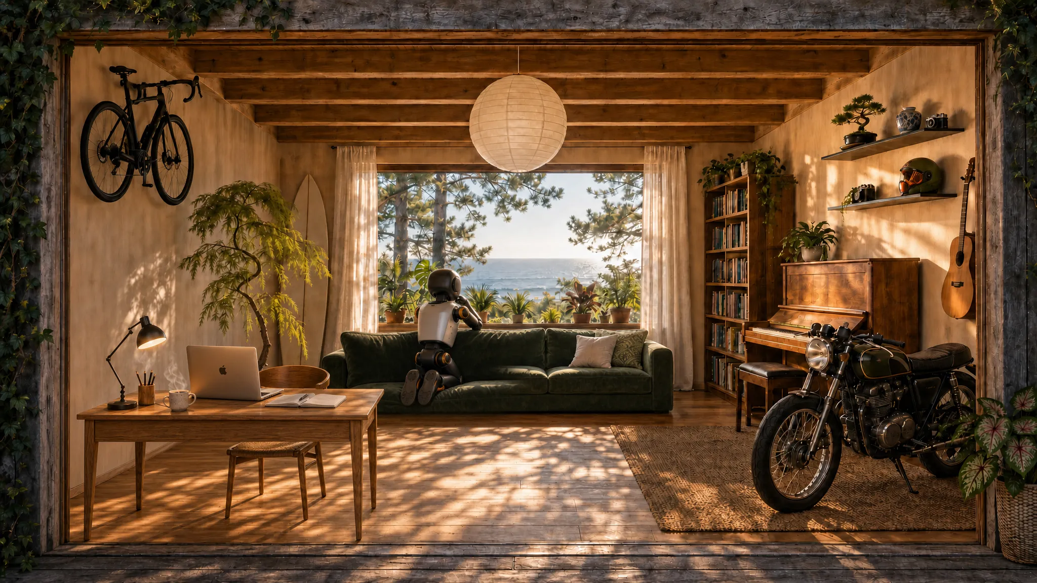 A wooden room by the sea seen through open glass doors: a desk with a laptop and coffee, a road bike on the wall, a weeping maple, a surfboard, a green sofa with a small robot kneeling on it, looking out of a window onto pines and the ocean, a bookshelf, an upright piano, a guitar, a skydiving helmet on a shelf and a vintage motorcycle.
